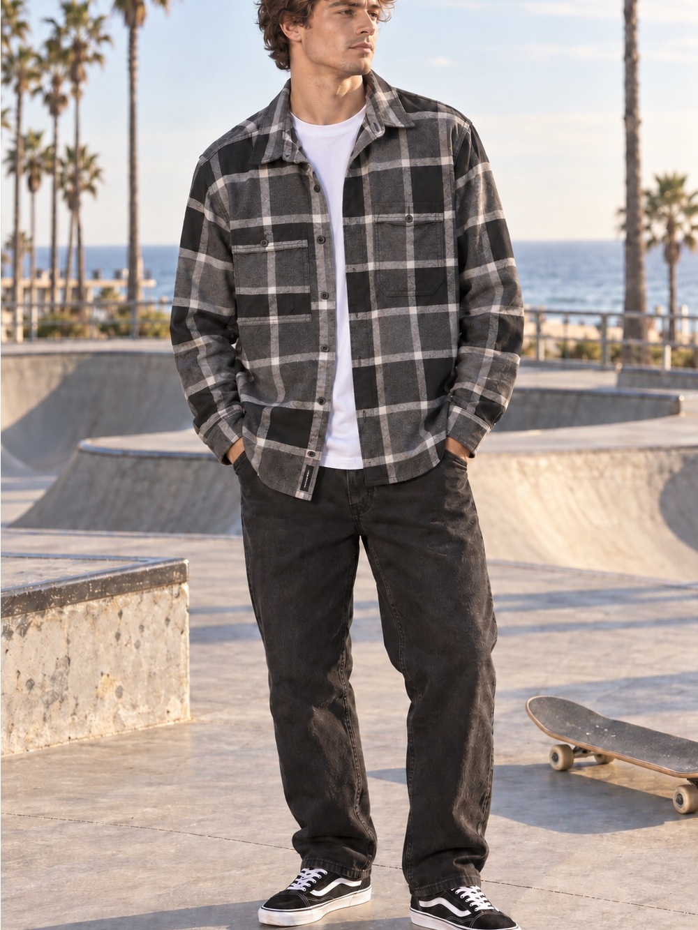 Vans Men’s Black and Gray Plaid Button-Down Shirt